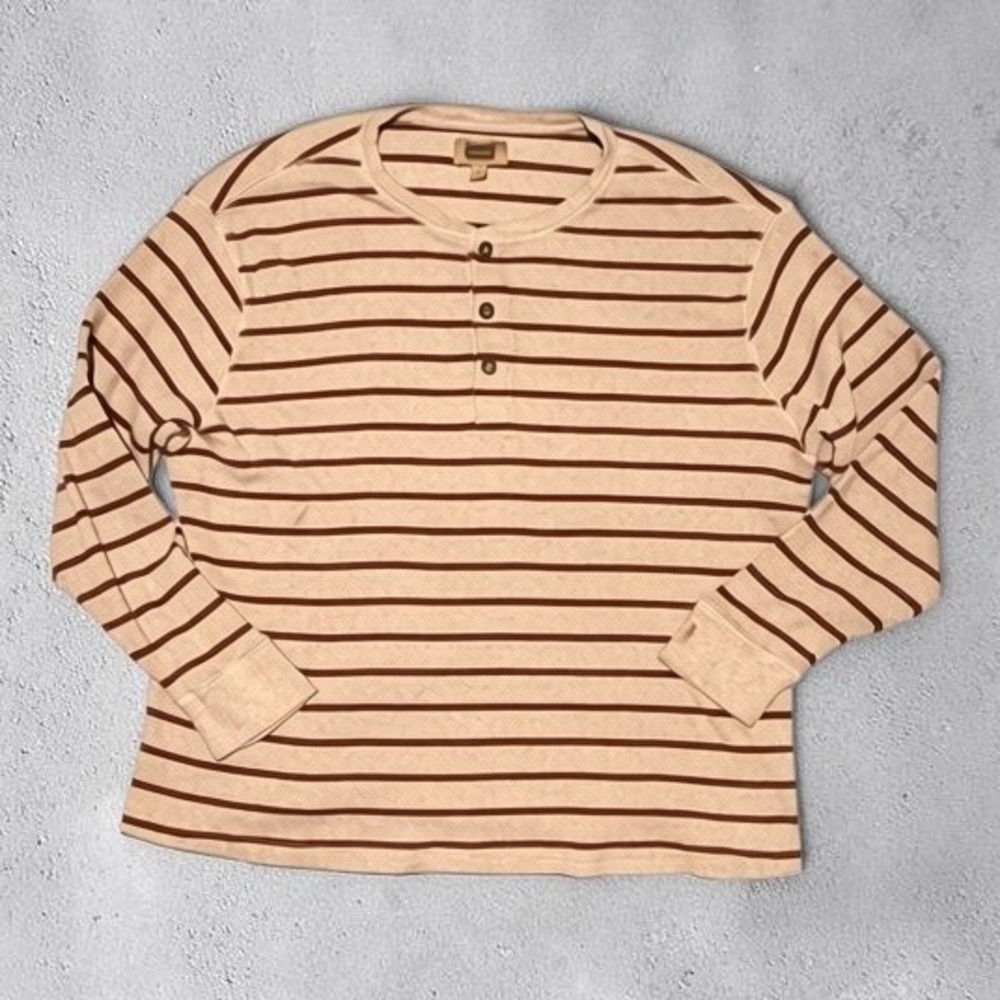 Foundry Supply Co Mens 3XL Henley Shirt Tan Brown Striped Waffle Thermal Cotton - Picture 2 of 11